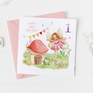 Any age, Fairy 1st Birthday Card, Kids birthday card, Personalised Toadstool House Fairy House Birthday, Girls 1st Birthday Card