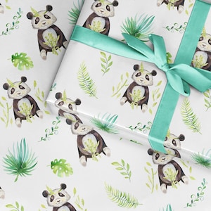 Papier cadeau panda, emballage cadeau panda de Chine, panda aquarelle animal de la forêt tropicale mangeant du bambou, panda géant, joli décopatch en papier