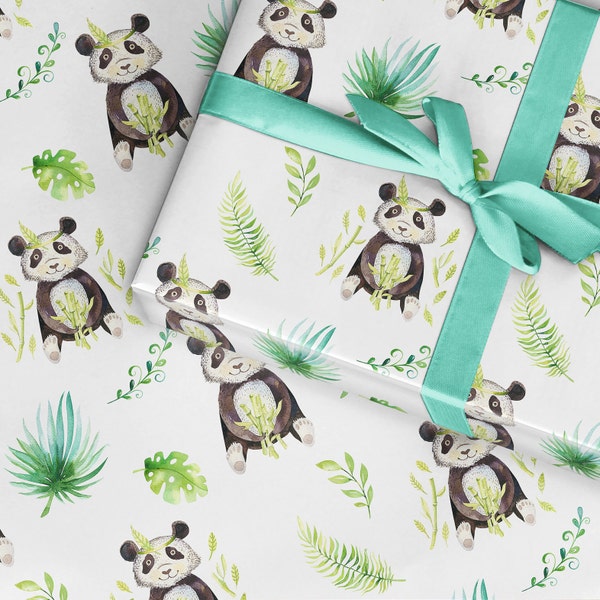 Panda Wrapping paper, China panda gift wrap, Rainforest animal watercolour panda bear eating bamboo, Giant panda, cute paper decopatch
