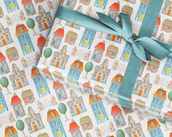 New Home Watercolor Wrapping Paper, Housewarming Gift Wrap