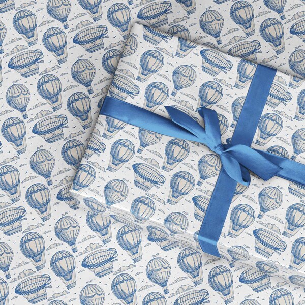 Hot Air Balloon wrapping paper uk, balloon gift wrap, vintage style pretty paper, aircraft wrapping paper, flying pilot wrapping paper