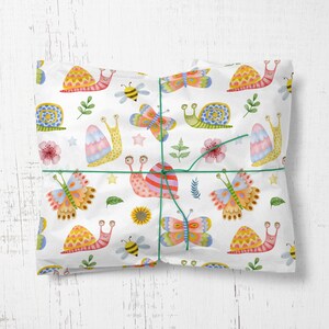 Papier d'emballage d'insectes, papier d'emballage pastel pour enfants escargot, papier d'emballage de papillons, papier d'emballage nature, cadeau d'insectes pour enfants