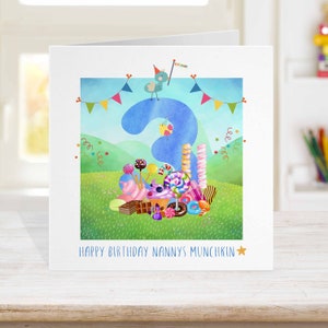 Snoep 3e verjaardagskaart, Blue Candy gepersonaliseerde verjaardagskaart, kinderverjaardagskaart, elke leeftijd, bijpassend snoeppapier en tags beschikbaar