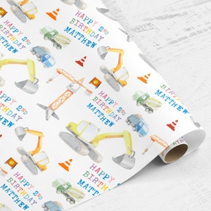 Wrapping paper roll Personalised Any age Builder Construction Crane Digger Childrens wrapping paper, Kids birthday, Kids wrapping paper