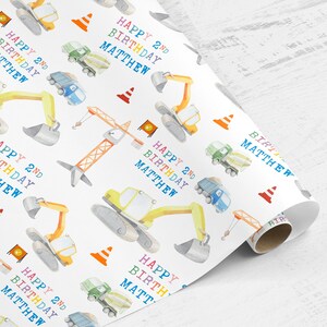 Wrapping paper roll Personalised Any age Builder Construction Crane Digger Childrens wrapping paper, Kids birthday, Kids wrapping paper