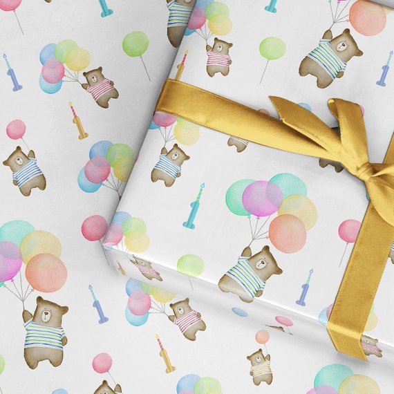 1st Birthday Wrapping Paper, Bear Design, 1st Birthday Girl