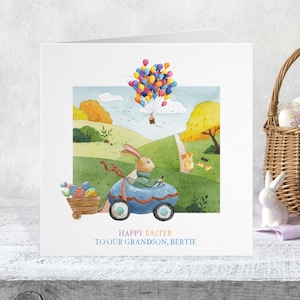Cartão de Páscoa - Cartão de saudação de carro de ovo de coelho personalizado, Cartão de coelho de Páscoa, Caça aos ovos de netos e netas, lebre fofa e divertida aquarela