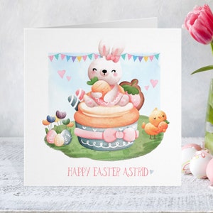 Osterkarte - Personalisierte Kaninchenkuchen-Grußkarte, Osterhasenkarte, Enkel-Enkelin-Kinder-Eiersuche, Mädchen-Rosa nettes Aquarell