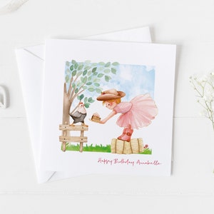 Carte d'enfants de gâteau d'anniversaire, carte d'anniversaire personnalisée de filles de tout âge, coq d'animal de compagnie à la ferme, carte d'anniversaire mignonne d'anniversaire