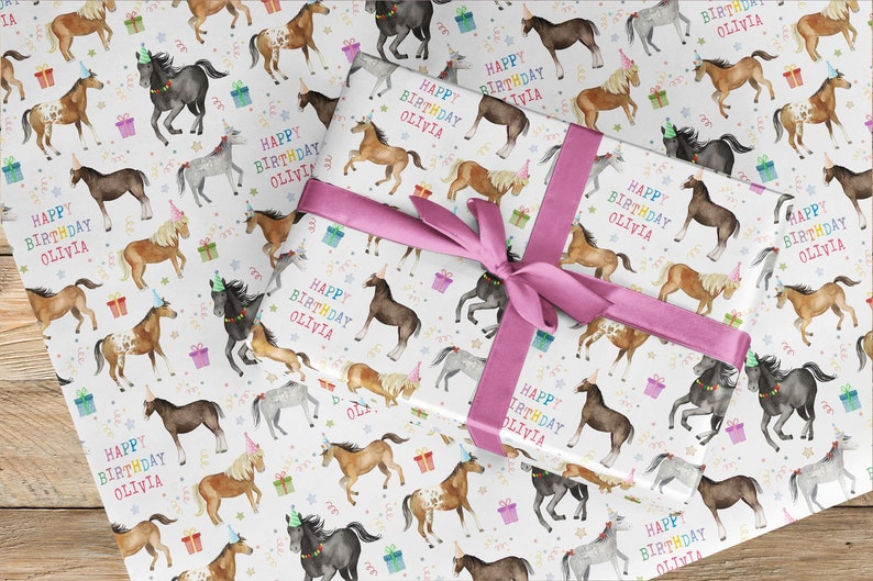 Any Age Personalised Horses Wrapping Paper Roll, Happy Birthday Pony, fun Kids birthday gift wrap, Cob Welsh Cute 1st 2 13 4 5 6 7 8 9 10 11 image 3