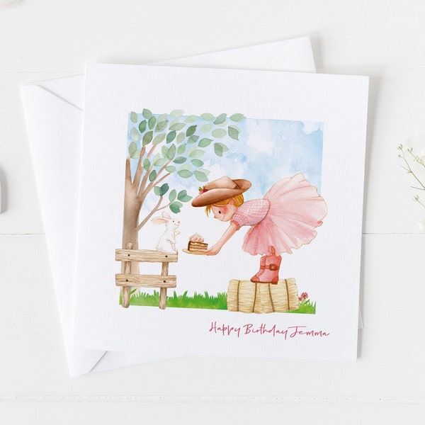 Birthday Card of a Girl wearing a Tutu and eating birthday cake with a rabbit, any age birthday teen birthday cute birthday card cowgirl