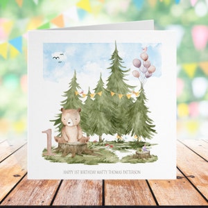 Carte d'anniversaire personnalisée pour tout âge - carte pour enfants ours des bois, étiquettes-cadeaux et autocollants en papier d'emballage disponibles, 1er 2e 3e 4e 5e 6 7 8 9 10