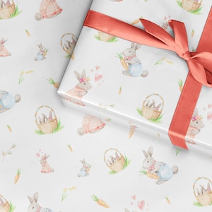 Osterhasen Geschenkpapier mit Aquarellillustrationen. Junge Kaninchen und Mädchen Kaninchen Geschenkpapier, Geschenkpapier für