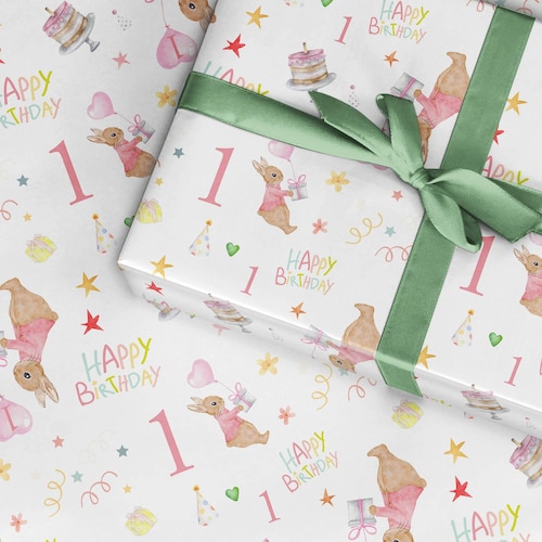 First Birthday Girl Wrapping Paper Rabbit Design 1st - Etsy UK