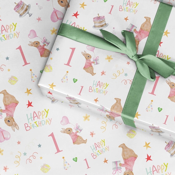 Kids 1st Birthday Wrapping Paper in Pink, 1st Birthday Baby Girl