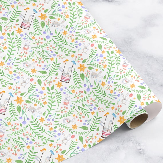 Bunny Floral Baby Gift Wrap, Whimsical Nursery Paper