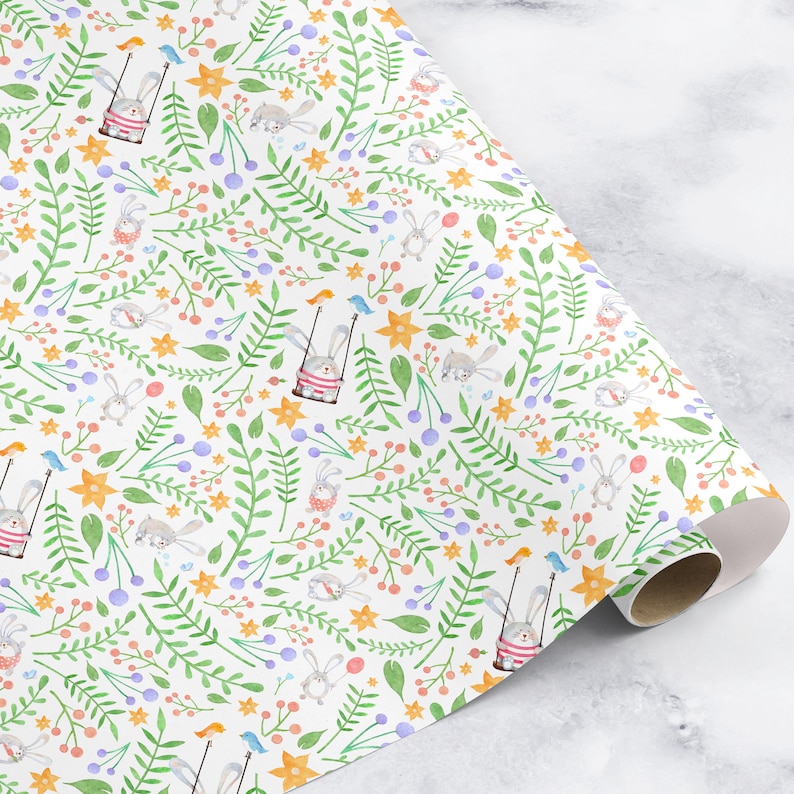 Bunny Floral Baby Gift Wrap, Whimsical Nursery Paper image 1