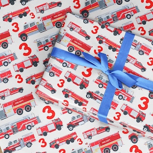 Papier cadeau 3e anniversaire, papier cadeau camion de pompier, papier cadeau enfant, papier cadeau camion de pompier, troisième anniversaire non sexiste