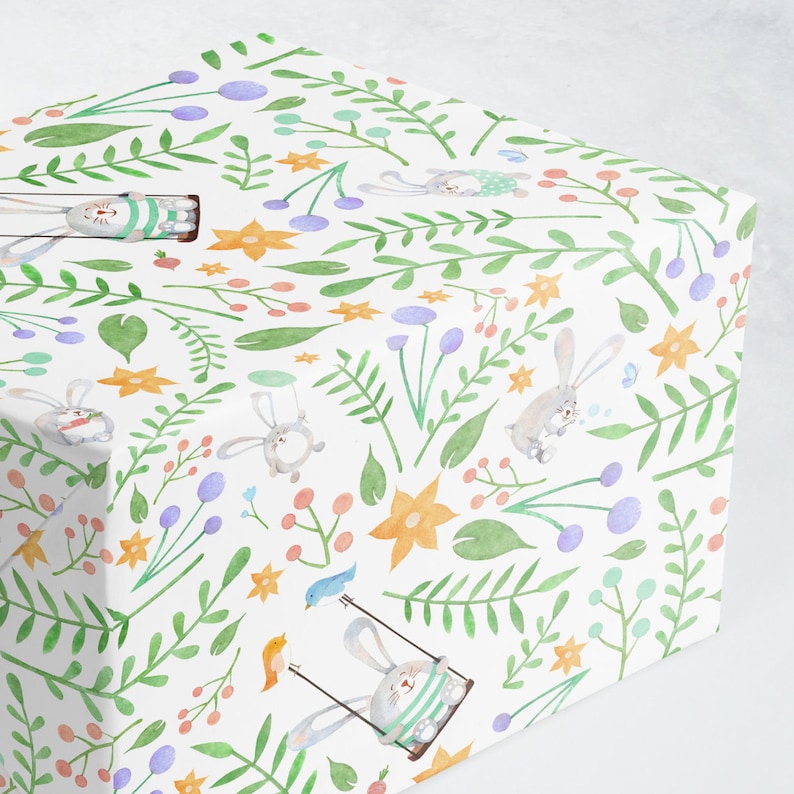 Bunny Floral Baby Gift Wrap, Whimsical Nursery Paper image 3