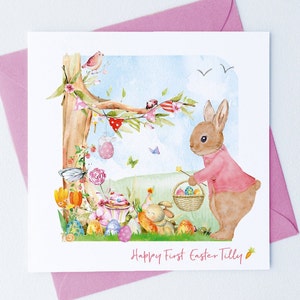Personalisierte Osterkarte, Rosa oder Blau Kaninchen Design & Geschenkpapier, Happy Egg Hunt Basket Aquarell Illustration 1.2. 3. 4. Ostern