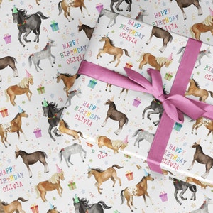 Any Age Personalised Horses Wrapping Paper Roll, Happy Birthday Pony, fun Kids birthday gift wrap, Cob Welsh Cute 1st 2 13 4 5 6 7 8 9 10 11 image 1