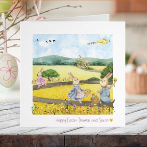 Osterkarte - personalisierte Kaninchen-Grußkarte, Jungen-Mädchen-Osterhasenkarte, Enkelin-Enkel-Kinder-Eiersuche, niedliches hübsches Aquarell