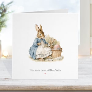 Tarjeta Unisex Nuevo Bebé, Tarjeta Bautizo, Conejo con nuevo bebé, Ilustraciones en Acuarela, niña niño hijo rosa azul, Felicidades Llegada 13