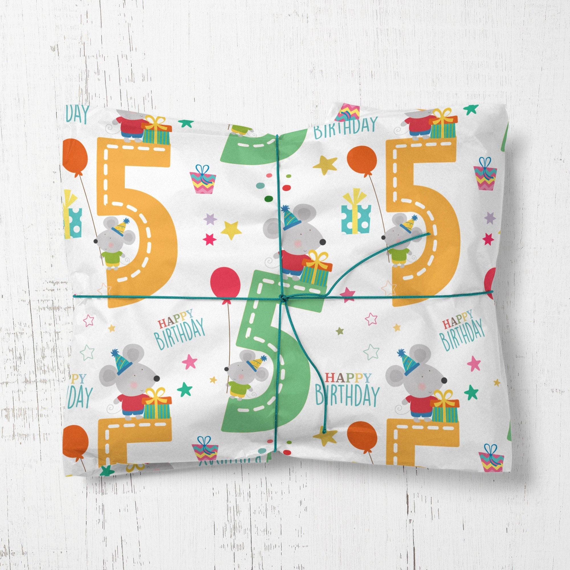 Wrapping Paper Roll 5th Birthday, Kids 5th Birthday, Mouse Childrens  Wrapping Paper, Kids Wrapping Paper, 5 Birthday, Fifth Birthday Wrap 