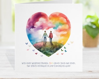Gay Valentine's Day Card: Watercolor Heart, Two Men (15cm Square)