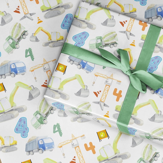4th Birthday Wrapping Paper, Builder Construction Crane Digger Childrens  Wrapping Paper, Fourth Birthday Gender Neutral, Wrapping Paper 