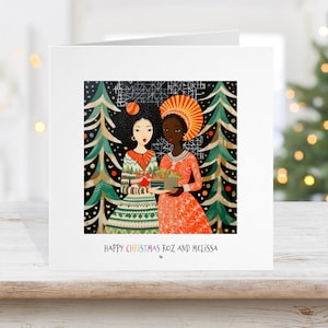 Biglietto di Natale gay lesbico, Babbo Natale Lgbtq+ Pride, coppia gay donne donne, etnico africano birazziale bianco e nero, amanti .L 7