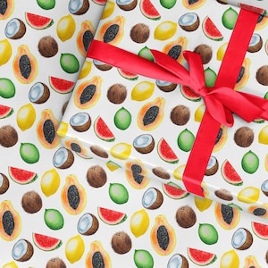Papel para envolver frutas, papel para envolver coco, sandía y lima, papel colorido divertido.