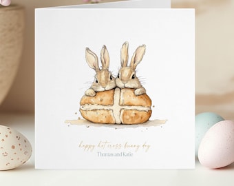 Personalized Easter Card: Hot Cross Bunny Watercolor Greeting