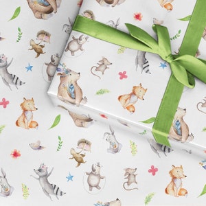 Rouleau de papier cadeau, amis renard hérisson aquarelle des bois anniversaire des enfants mignon