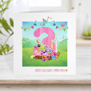 Carte d'anniversaire Sweets 3ème, carte d'anniversaire personnalisée Pink Candy, carte d'anniversaire pour enfants, tout âge, papier d'emballage de bonbons assorti et étiquettes disponibles