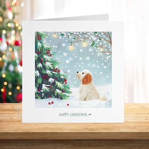 Scheda Cockapoo Biglietto di Natale Personalizzato, Cockapoo orecchie bianche marroni cane, Biglietto di Natale per cani, Amore dal Pet dog Card. Singolo o Confezione