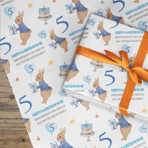 Papier d'emballage personnalisé pour 5e anniversaire pour enfants, Tout message, Papier d'emballage d'anniversaire pour enfants, Papier personnalisé pour enfants, Motif lapin bleu