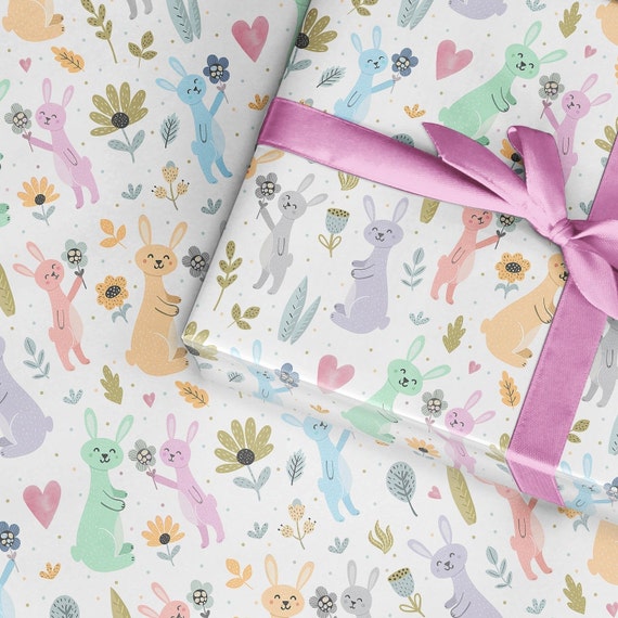 Pastel Easter Wrapping Paper Roll, Rabbits Children's Wrapping Paper,  Contemporary Modern, Mother's Day Gift Paper, Easter Egg Hunt 17 