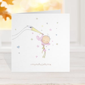 Nouvelle carte de bébé cigogne rose ou bleue, nouvelle carte de bébé grand-parent, carte de félicitations pour bébé, nouvelle carte de fille de félicitations