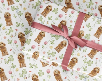 Cockapoo Wrapping Paper Roll: Watercolor Dog & Clover Design