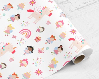 Girl's Birthday Wrapping Paper Roll: Unicorn Fairy Design
