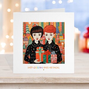 Carte de Noël lesbienne gay, Père Noël Lgbtq+ Fierté, Couple gay femmes Lady, Fun rétro des années 70, amoureux. L 10
