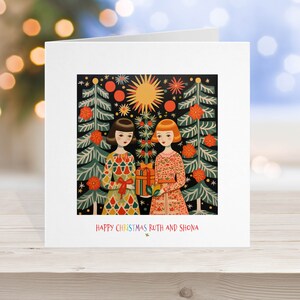 Carte de Noël lesbienne gay, père Noël Lgbtq + fierté, couple gay femmes dame, amusement rétro des années 70, amoureux. L 18