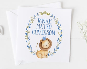Tarjeta de bautizo o tarjeta de bebé recién nacido con diseño de león en acuarela