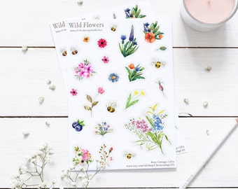 Pretty Wild Flowers Sticker sheets, Stocking Filler, floral Stickers, journal Stickers, Planner Stickers, Bumble bee Nature woodland sticker