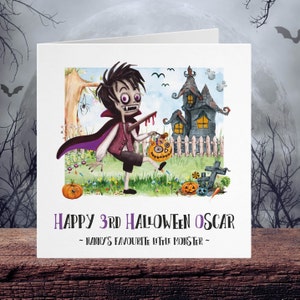Cartão de aniversário de Halloween e papel de embrulho correspondente, todas as idades, cartão de casa assombrada, cartão de Drácula e papel de embrulho de Halloween, Halloween infantil