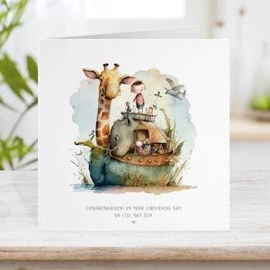 Tarjeta de bautizo del Arca de Noé, Tarjeta de bautismo personalizada, Madrina Padrino Padrino Biblia Dios Religioso, Caprichosa peculiar acuarela NA13