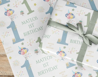 Papier cadeau 1er anniversaire, motif numéro 1 avec des ballons, emballage cadeau premier anniversaire fille garçon rose ou bleu pour la fête du premier anniversaire d'enfants