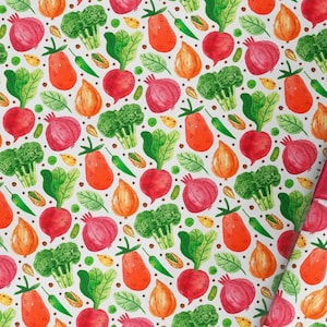 May include: A seamless pattern featuring watercolor illustrations of various vegetables and fruits, including red onions, green peppers, red tomatoes, and yellow squash. The pattern is set against a white background.