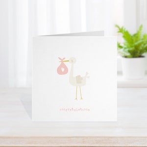 Nueva tarjeta para niños de niña, rosa/azul personalizada, tarjeta para nuevos abuelos, tarjeta de bebé de felicitaciones contemporáneas de cigüeña